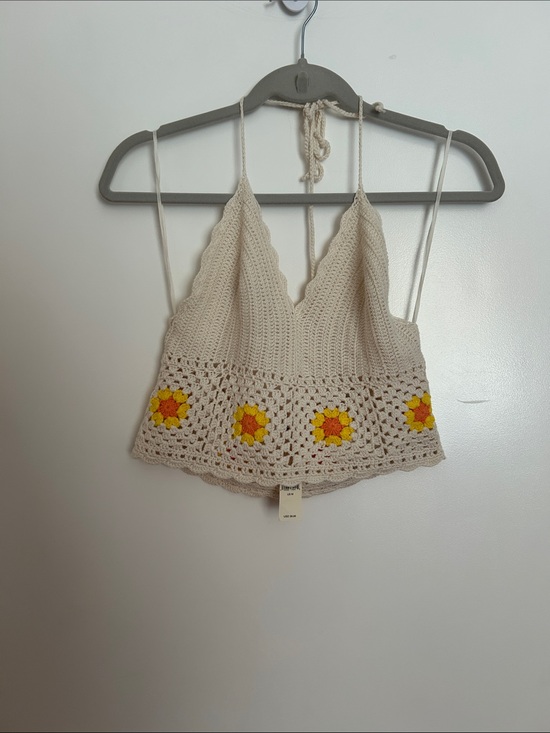 aerie Tops - aerie Cream Crochet Halter Camisole with Yellow Accents
